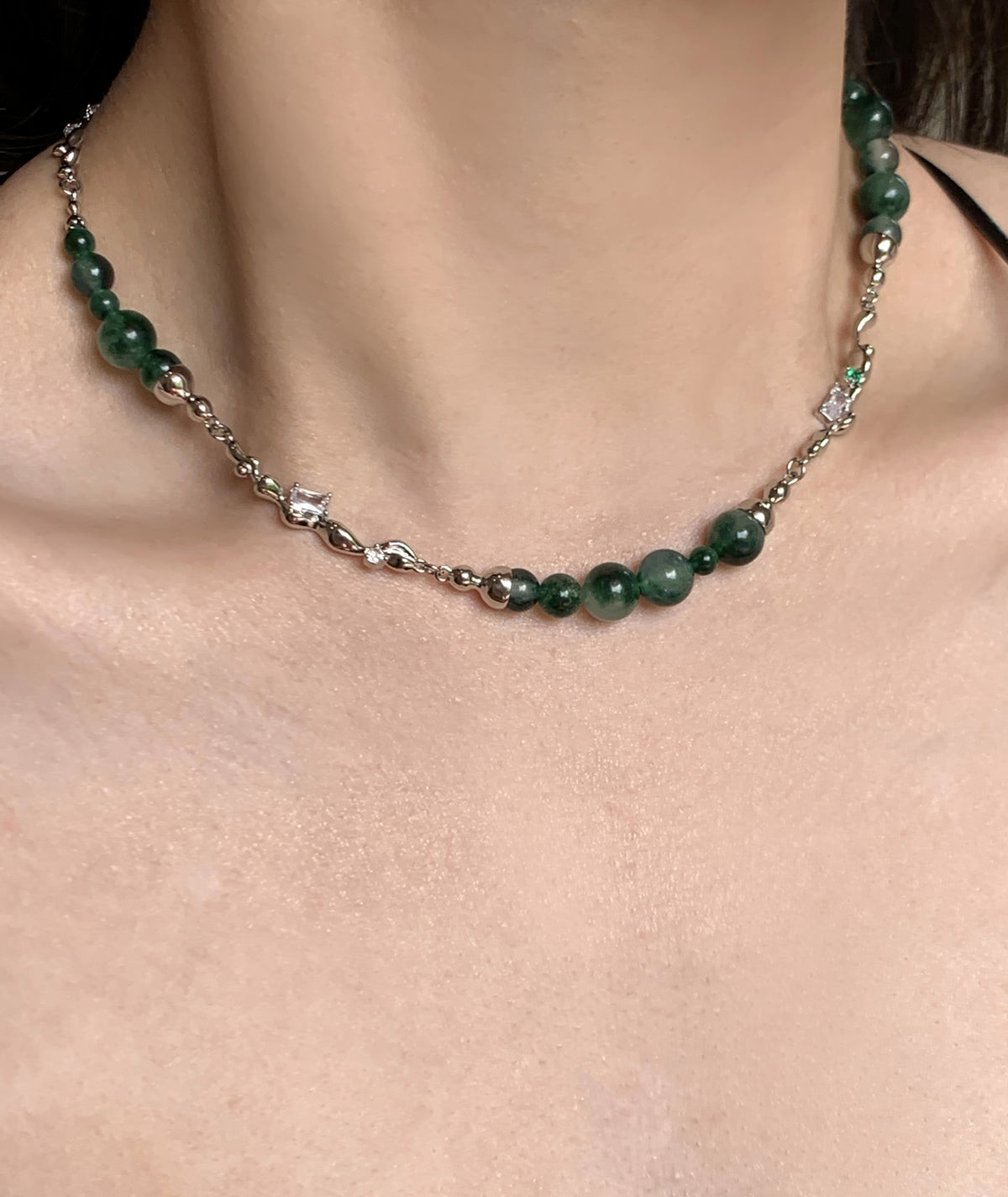 BOONEE-Green Wave Bead Link Necklace